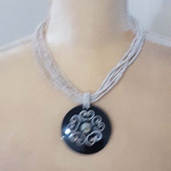 Handmade coconut shell necklace pendant seed beads 22" long beachy - Picture 2 of 3